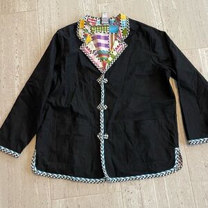 Koos Of Course Reversible Jacket 1X Black Linen Patchwork Art To Wear Silk Trim